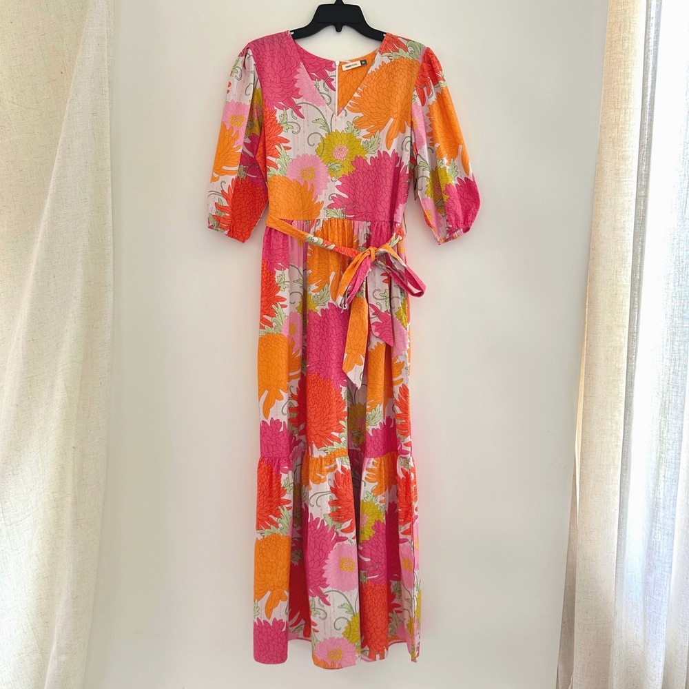 NEW Maude Vivante Floral Tiered Maxi Dress Medium Boho Puff Sleeve Vacation Mod